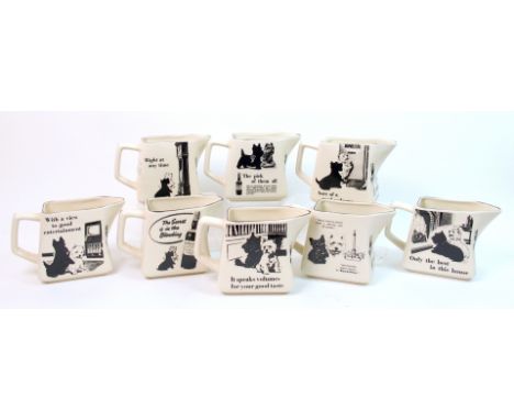 A set of eight Black and White Scotch Whisky pottery water jugs each depicting a scene with the two terriers and a slogan, ea