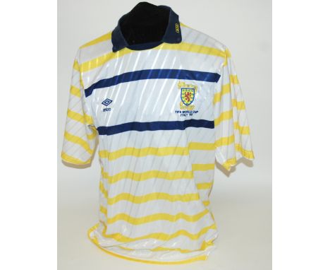 A white, blue and yellow Scotland v. Costa Rica 1990 World Cup short-sleeved shirt No.2 with button crew-neck collar and embr