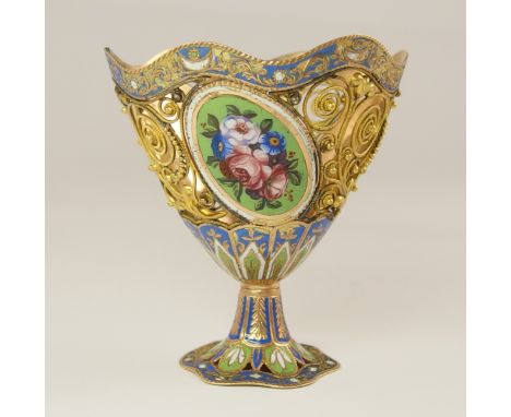 A bright yellow metal and enamel zarf with three handpainted enamel flower panels set between the filigree panels making up t
