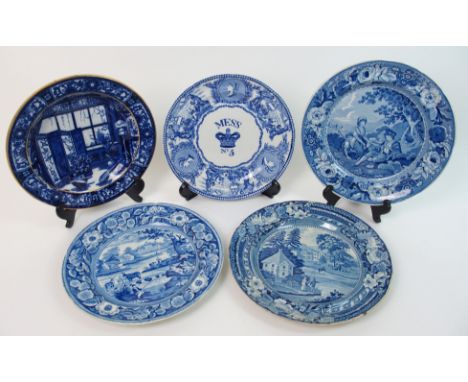 A collection of 19th century blue and white transfer printed pottery including naval plate titled 'Mess No 5' and depicting s