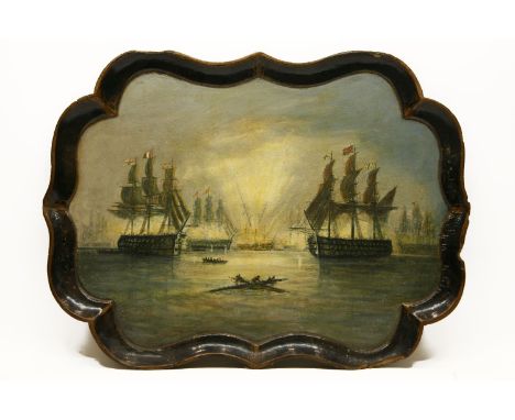 A Victorian papier mache tray, painted with a naval battle scene, 57 x 76cm, and a 1930s strand light