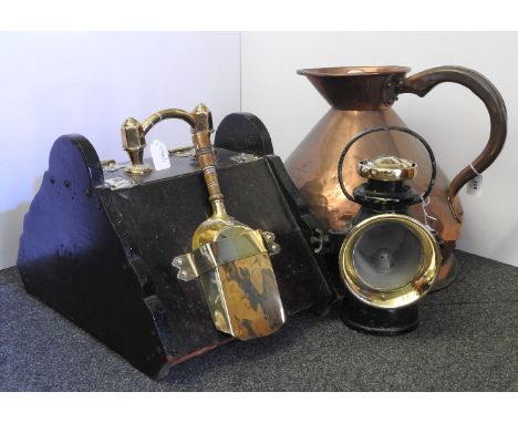 A large copper measure, 40cm tall, together with a Lucas King of the Road No7 lamp, and further copper and brass wares, coal 