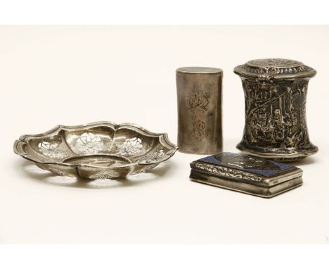 An early 19th century Continental silver box, of waisted form, and embossed with interior scene, import marks for London & Be