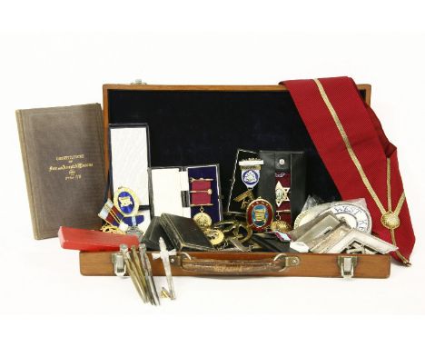 A silver gilt and enamel masonic jewel, presented to S T Ashlee by Rosetum Lodge no.4476, together with other masonic medals,