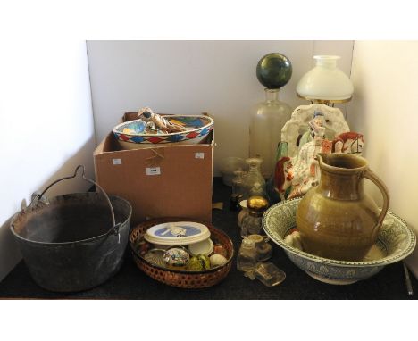 A collection of miscellaneous items, to include an oil lamp, inkwells, Victorian flat back groups, paperweights, etc