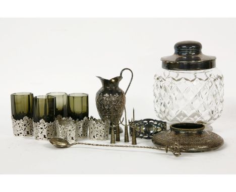 Four silver sleeved shot glasses, and two silver sleeves, together with Mexican silver corn forks, a silver spoon, a silver p