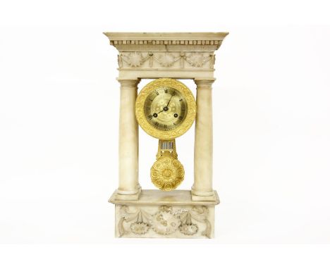 A mid 19th century alabaster and gilt metal portico clock  46.5cm high