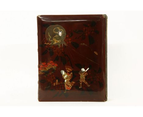 A Japanese lacquered photograph album, fitted and with loose naval portrait photographs, gilt and stamped from photographers 