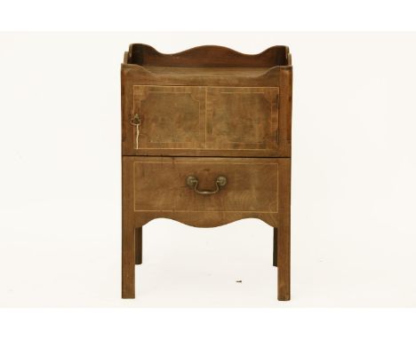 A George III mahogany bedside commode with tray top above cupboard and pull out section on square section supports, 52cm x 48