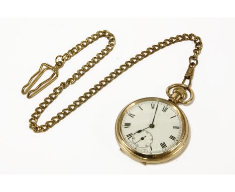 A rolled gold Swiss pocket watch, with white enamel dial and Roman numerals, with a gilt metal filed curb link chain and clip