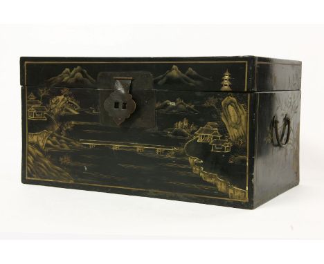 A Chinese black lacquered chest, 50cm wide, together with a pair of modern gilt wall mirrors, 60cm tall, and a lamp (4)