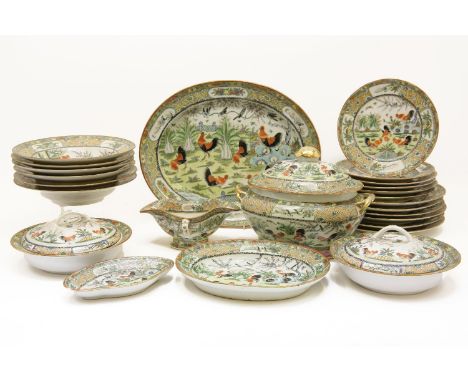 A 20th century Chinese Canton Export porcelain dinner service, comprising of six dinner plates, six dessert plates, six soup 