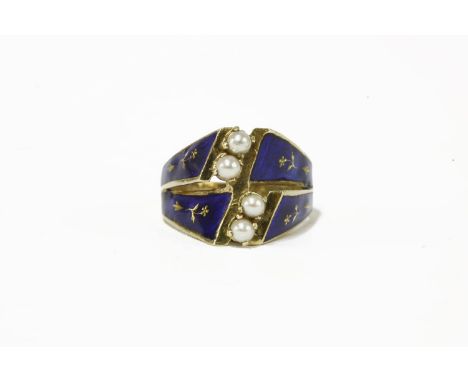 A Continental 14ct gold blue enamel ring and cultured pearl ring, with rubbed Continental marks, size K5.24g