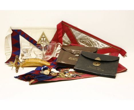 Masonic regalia: including 3 aprons, door knocker, medals, 3 glasses, 'tusk'