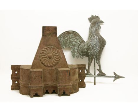 A copper weathervane in the form of a cockerel, 55cm tall, and a Victorian cast iron hopper  43cm high