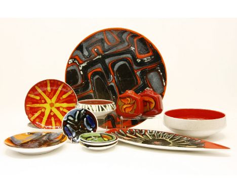 A collection of Poole pottery Delphis ware, to include plates, dishes, vases and bowls