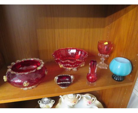 RUBY GLASS GOBLET, THREE RED ITALIAN GLASS BOWLS, VASE AND OPAQUE BLUE VASE