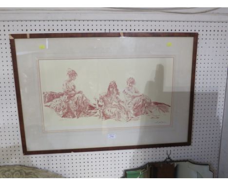 FRAMED AND GLAZED PRINT OF THREE SEATED LADIES, AFTER WILLIAM RUSSELL FLINT - SIGNED IN PENCIL
