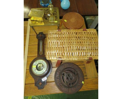 OAK MOUNTED BAROMETER AND THERMOMETER, BRASS AND COPPER TRIVETS, WICKER BASKET AND DECORATIVE ITEMS