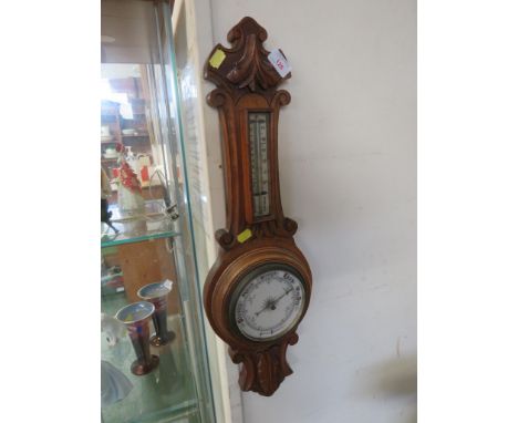 OAK MOUNTED ANEROID BAROMETER AND THERMOMETER