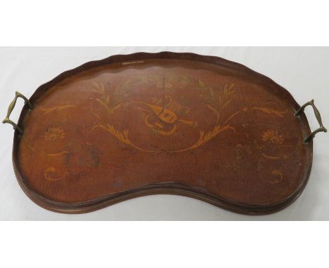 Mahogany serving tray, kidney-shape with brass handles, inlaid with lute, lyre and foliage, 60cm x 37cm