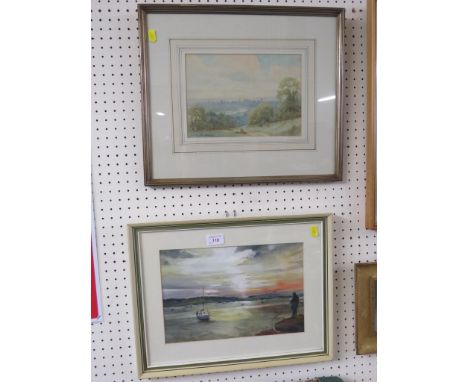 FRAMED WATERCOLOUR OF ESTUARY AT SUNSET SIGNED MIKE SHAW, AND A WATERCOLOUR LABELLED R ALLAN 'THE SPIRES OF OXFORD'