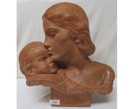 After Santiago Rodriguez Bonome (1901-1995), a terracotta bust of mother and child moulded on a square plinth, overall height