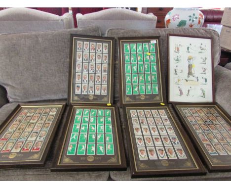 SIX FRAMED AND GLAZED SETS OF SPORT CIGARETE CARDS, AND A GOLFING PRINT
