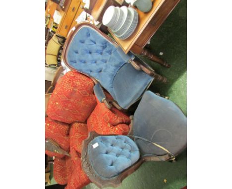 VICTORIAN MAHOGANY FRAMED ARMCHAIR WITH BLUE BUTTON BACK UPHOLSTERY A/F, TOGETHER WITH A MATCHING SIDE CHAIR