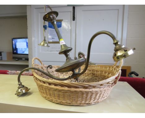 BRASS EFFECT THREE BRANCH CEILING LIGHT AND TWO WICKER BASKETS * (PROFESSIONAL INSTALLATION)