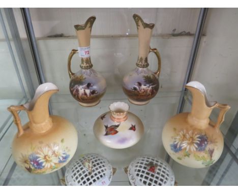 PAIR OF CROWN DEVON PORCELAIN VASES DECORATED WITH HUNTING DOGS AND SIGNED R HINTON, PAIR OF FLORAL DECORATED VASES ALONGSIDE