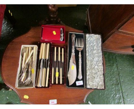 CASED SET OF SILVER-PLATED FISH SERVERS WITH DIAMOND REGISTRATION MARK, ASSORTED CUTLERY AND A BOXED HIP FLASK