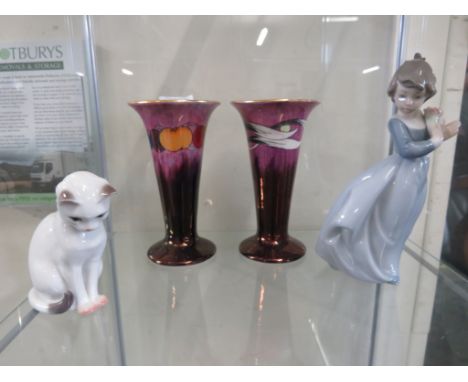 PAIR OF WILKINSON ROYAL STAFFORDSHIRE VASE'S, ROYAL COPENHAGEN FIGURE OF A CAT 499, AND A NAO FIGURINE OF GIRL