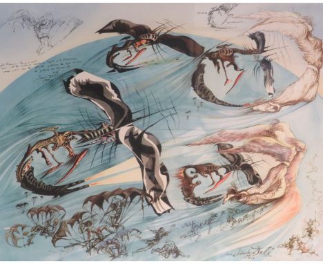 After Salvador Dali (1904-1989) - reproduction colour print of fantastical flying creatures with hidden faces within the desi