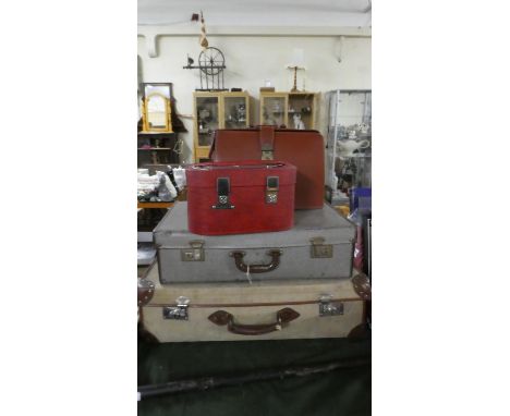 A Vintage Canvas and Leather Mounted Suitcase, Leather Brief Case and Two Vintage Cases 