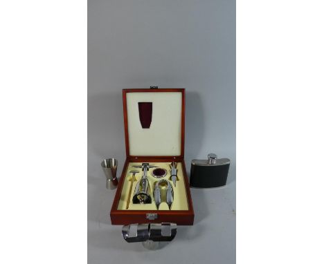 A Cased Wine Set to Include Thermometer Cork Screw, Wine Saver Cork Etc Together with Spirit Measure, Hip Flask Etc 