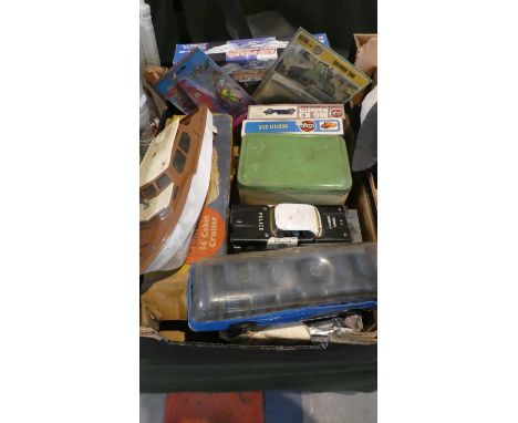 A Box of Vintage Toys to Include Triang Thames Clockwork Cabin Cruiser with Box, Tin Plate American Highway Patrol Car, Prinz