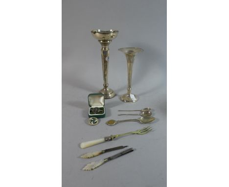 A Collection of Various Silver and Silver Plate Items to Include Vases, Enamelled and Silver Badges, Silver Spoon Etc 