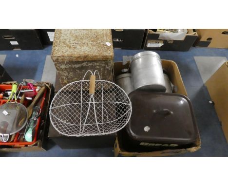 A Collection of Vintage Tins, Storage Tins, Enamelled Bread Bin etc 