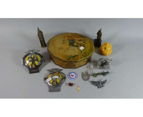 A McVitie and Price Vintage Tin Containing AA Badge, Novelty Big Ben Door Knocker, Colman Mustard Pot, Figural Ornaments etc 