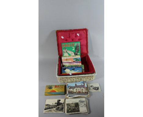 A Vintage Jewellery Box Containing Various Postcards, Teacards Albums and Contents, Eagle Sports Annual etc 