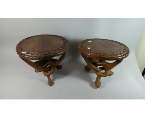 A Pair of Carved African Tribal Circular Tables on Tripod Supports, 35cm Diameter 