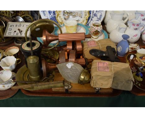 A Tray of Curios to Include Copper Desk Top Gong, Opaque Flame Glass Light Shade, Vintage Copper Wall Lights, Two Packs of Te