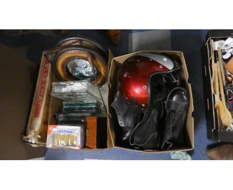 Two Boxes of Sundries to Include Glass Bricks, Boxes Lurpak Toast Racks, Framed Mirrors, Helmet, Ringer etc 