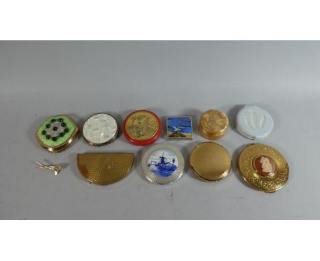 A Collection Nine Vintage Powder Compact, Golfing Brooch and Straw Work Ring Box 