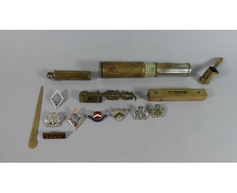 A Collection of Curios to Include Brass Cased K0 501 Calculator, Sovereign Scales, Shot Measures, Tyre Gauge, Enamel Badges e