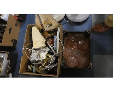 Two Boxes Containing Various Ceramics, Glassware, Vintage Telephone, Japanese Kutani Ware, Brass Candle Sticks 