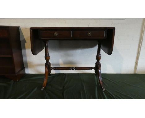 A Reproduction Mahogany Drop Leaf Two Drawer Sofa Table, (84cm Wide When Close) 