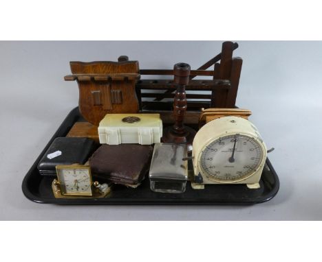 A Tray of Curios to Include Edwardian Oak Pipe Racks, Desktop Alarm Clock, Smiths Stop Watch Clock (Working). Various Boxes, 