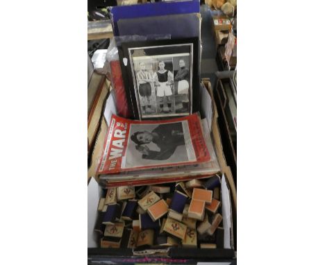 A Containing Vintage Match Boxes, Various Picture Posts, War Weekly and Other Newspapers, Framed Football Photographs, Royal 